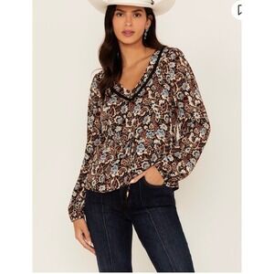 Idyllwind XL Romance Floral Print Drawstring Front Detail With Tassels Blouse